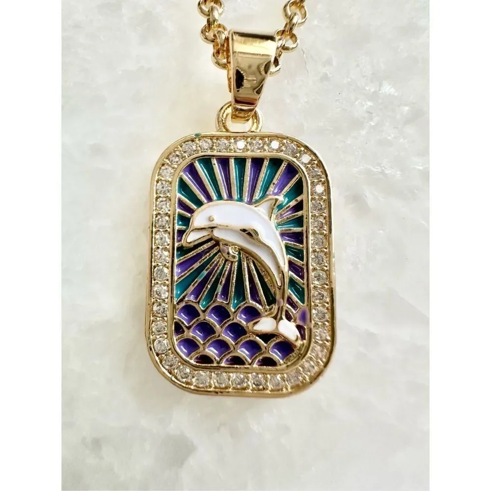 Green and purple dolphin pendant necklace